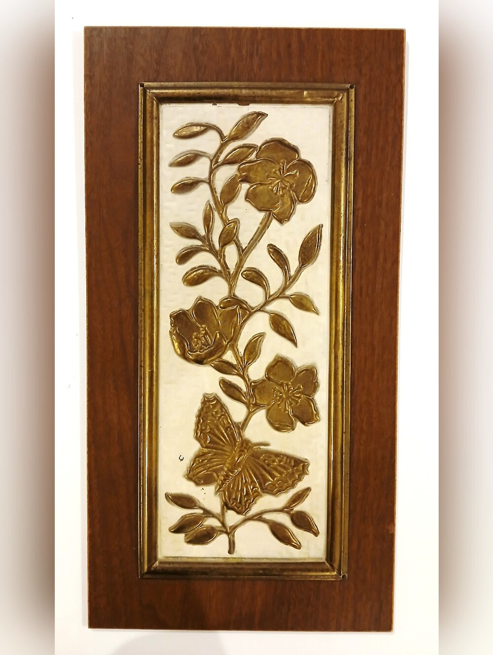 Vintage MCM Wood Framed Goldtone Floral & Butterfly Relief Wall Art
